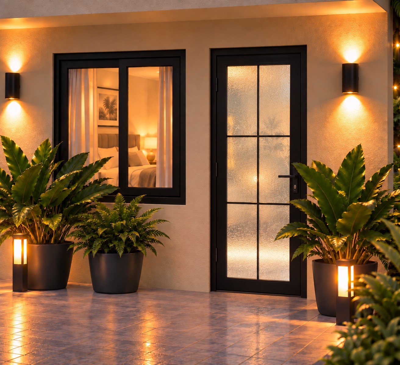 Ground-floor apartment entrance — architectural rendering